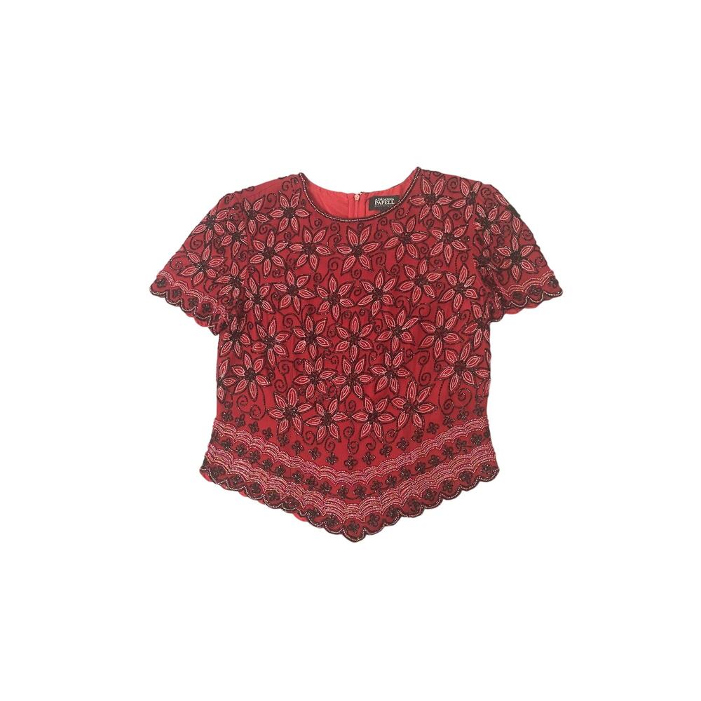 Y2K Vintage 100% Silk Floral Beaded Shirt Adrianna Papell Small Whimsigoth Glam